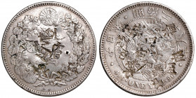 GIAPPONE. Meiji (1868-1912). 1 Yen 1895 (anno 28) con contromarche (countermarks). AG (g 26,80). KM Y-A25.3
BB+