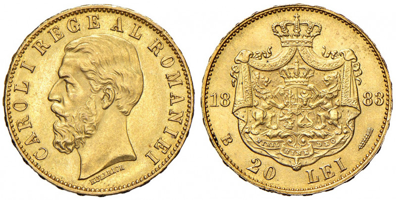ROMANIA. Carlo I (1881-1914). 20 Lei 1883 B. AU (g 6,45). KM 20.
SPL+