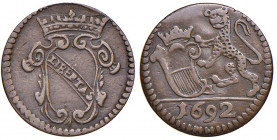 LUCCA. Repubblica (1369-1799). Quattrino o Panterino 1692. CU (g 0,82). Bellesia 136. MIR 213/2.
BB+