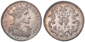 NAPOLI. Carlo II di Spagna (1683-1700). 50 Grana 1693. AG (g 10.92). Magliocca 13. Conservazione eccezionale, moneta corredata da magnifica patina iri...