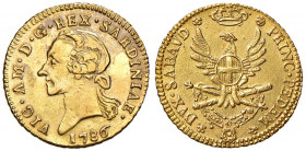 Vittorio Amedeo III (1773-1796). Mezza Doppia 1786 .AU (g 4,53). Mont.316. Pulita al dritto. R.
qSPL/SPL