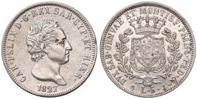 Carlo Felice (1821-1831). 5 lire 1827 Genova. AG. Gig.45. Bordo limato e mancanza di metallo al dritto.
BB+