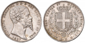 Sardegna. Vittorio Emanuele II (1849-1861). 5 lire 1857 Torino. AG. Gig.44. R2. Tondello leggermente ondulato.
BB+