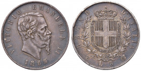 Vittorio Emanuele II (1861-1878). 5 lire 1865 Torino. AG. Gig.37. R.
BB/SPL