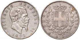 Vittorio Emanuele II (1861-1878). 5 lire 1873 Roma. AG. Gig.47. RRR. Colpetti al bordo. Di rara apparizione sul mercato.
Periziata Esposito Marco
qB...