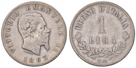 Vittorio Emanuele II (1861-1878). 1 lira 1863 Torino (valore). AG. Gig.69. R3. Di grande rarità.
MB