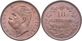 Umberto I (1878-1900). 10 Centesimi 1894 Roma. CU. Gig.49. R Rame rosso. Conservazione eccezionale.
Periziata Esposito Marco
FDC