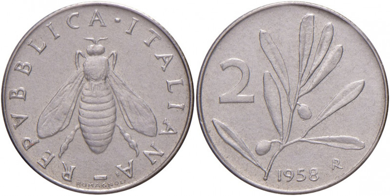 Repubblica Italiana. 2 lire 1958 Ulivo. IT. Gig.334. R2. Periziata Gaudenzi FDC/...