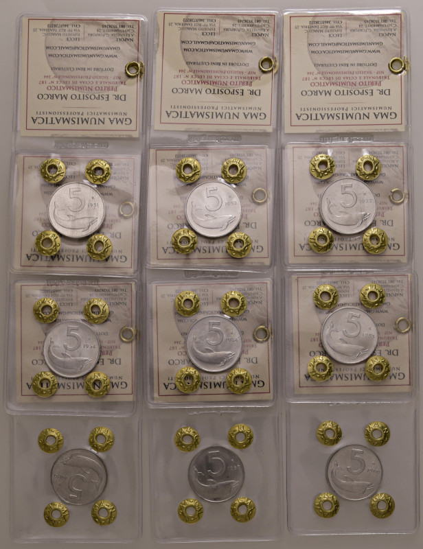 Repubblica Italiana. Lotto 9 monete da 5 lire 1951-52-53-54-54-55-66-67 e 1954 f...