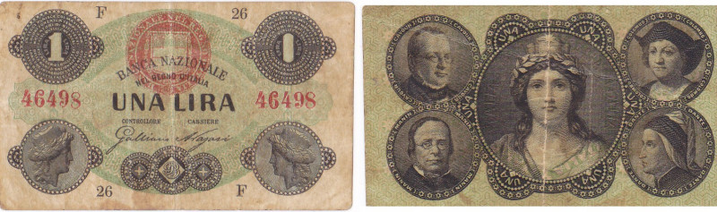REGNO D'ITALIA. Banca Nazionale. 1 lira. 15-01-1873. Gig.BNR-1C. R. Carta consis...