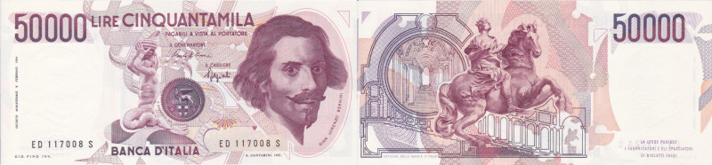 REPUBBLICA. Banca d'Italia. 50000 lire "Bernini" I tipo. Lettera D-1990. Gig.BI-...