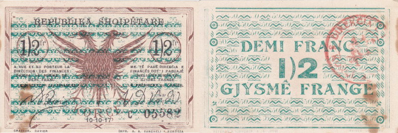 ALBANIA. 1/2 franc korce 1917 (0,50 gjysme frange). Pick S145. R. Macchie.
SPL