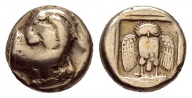 LESBOS. Mytilene.(Circa 454-428/7 BC).EL Hekte.

Obv: Forepart of goat right, head left.

Rev: Owl standing facing, with wings spread, within incu...