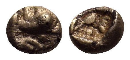 IONIA. Uncertain.(Circa 600-550 BC).EL 1/48 Stater.

Obv: Schematic head of lion...