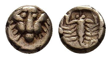 CARIA.Mylasa.(Mid 6th Century BC). EL 1/48 stater.

Obv : Lion's head facing.

R...