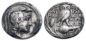 ATTICA. Athens.(Circa 165-42 BC).Tetradrachm. New Style coinage. Lysan-, Glaukos, and Nikodo-, magistrates. Struck 127/6 BC. 

Obv: Helmeted head of A...