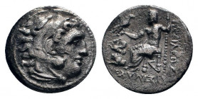 KINGS OF THRACE (Macedonian).Lysimachos (305-281 BC). Drachm.Lampsakos.

Obv: Head of Herakles right, wearing lion skin.

Rev: BAΣIΛEΩΣ ΛYΣIMAXOY.Zeus...