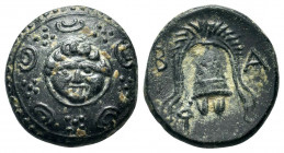 KINGS of MACEDON. Alexander III.The Great.(336-323 BC).AE. Sardes

Obv : Macedonian shield; boss decorated with head of Herakles facing slightly right...