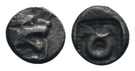 ASIA MINOR. Uncertain (5th century BC). Hemiobol. Milesian standard.

Obv : Head of roaring lion.

Rev : Symbol within dotted incuse square.
SNG Kayha...