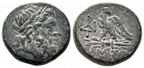 PONTOS.(100-85 BC).AE.Amisos.

Obv : Laureate head of Zeus right.

Rev : AMIΣOY.
Eagle standing left on thunderbolt, wings open, head right; monogram ...