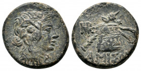 PONTOS.Time of Mithradates VI Eupator (105-85 BC). AE.Amisos.

Obv : Head of Dionysos right, wearing ivy wreath.

Rev : AMIΣOY.
Thyrsos leaning agains...