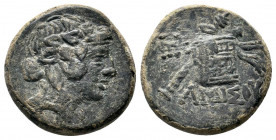 PONTOS.Time of Mithradates VI Eupator (105-85 BC). AE. Amisos.

Obv : Head of young Dionysos to right.

Rev : ΑΜΙΣΟΥ.
Panther skin and thyrsos on cist...