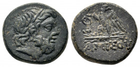 PONTOS.(100-85 BC).AE. Amisos.

Obv : Laureate head of Zeus right.

Rev : AMIΣOY.
Eagle standing left on thunderbolt, wings open, head right; monogram...