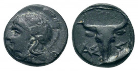 TROAS.(400-241 BC).AE.Assos.

Obv : Head of Athena right, wearing crested Attic helmet decorated with olive wreath.

Rev : ΑΣ-ΣΙ.
Facing head of a bul...
