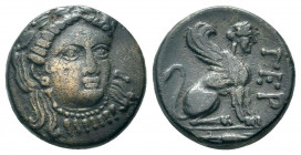 TROAS.( 4th Century BC).AE.Gergis.

Obv : Laureate head of the sibyl Herophile facing slightly to right, wearing necklace.

Rev : ΓEP.
Sphinx seated r...
