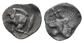 MYSIA.(Circa 525-475 BC).Obol.Kyzikos.

Obv : Forepart of boar left, tunny behind.

Rev : Head of lion left.
SNG France 369-70; SNG Aulock 7331; SNG K...