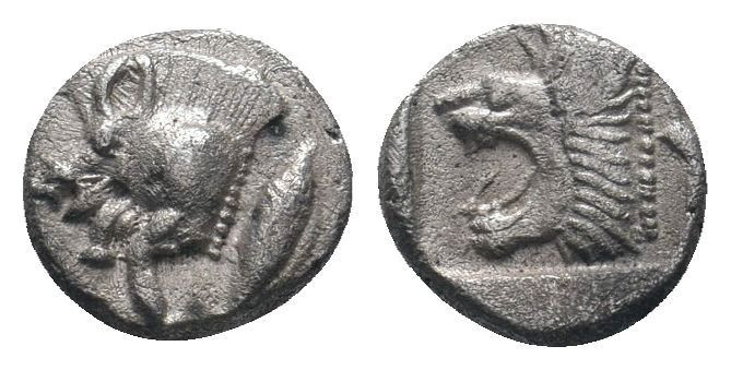 MYSIA.(Circa 525-475 BC).Obol.Kyzikos.

Obv : Forepart of boar left, tunny behin...