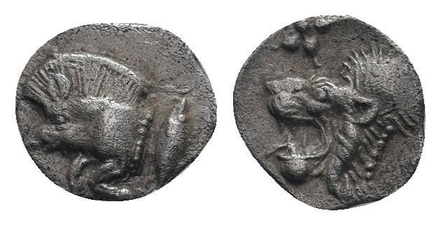 MYSIA.(Circa 525-475 BC).Obol.Kyzikos.

Obv : Forepart of boar left; tunny behin...