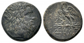 BITHYNIA.(95-70 BC).AE.Dia.

Obv : Laureate head of Zeus right.

Rev : ΔΙΑΣ.
Eagle, with head right and wings spread, standing left on thunderbolt; mo...