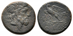 BITHYNIA.(95-70 BC).AE.Dia.

Obv : Laureate head of Zeus right.

Rev : ΔΙΑΣ.
Eagle, with head right and wings spread, standing left on thunderbolt; mo...