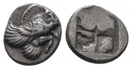 IONIA.(5th Century BC).Obol.Clazomennae.

Obv : Forepart of winged boar.

Rev : Quadripartite incuse square.
BMC 14; SNG Aulock 1983; SNG Copenhagen 6...
