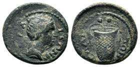 AEOLIS, Elaea. Pseudo-autonomous, 2nd century AD. Ae.
Obv: ΕΛΑΙΤΩΝ.
Turreted and draped bust of the Tyche right.
Rev: ΕΛΑΙΤΩΝ.
Basket containing two p...