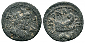 IONIA. Smyrna. Pseudo-autonomous. Time of Septimius Severus (193-211). Ae. CTPA.Draped bust of Serapis right, wearing calathus. / CMVPNAIΩN.Prow right...