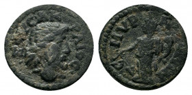 IONIA. Smyrna. Pseudo-autonomous. Ae (2nd-3rd centuries AD).

Obv: ZEVC AKPAIOC.
Laureate head of Zeus right.
Rev: CMVPNAIΩN.
Tyche standing left, wea...