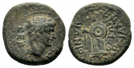 CARIA. Antioch. Time of Augustus to Tiberius (27 BC-37 AD). Ae.

Obv: CEBACTOC.
Bare head (of Augustus or Tiberius) right.
Rev: ΠAIΩNIOY CYNAPXIA ANTI...