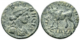 LYDIA, Magnesia ad Sipylum. Pseudo-autonomous. Ae.

Obv: ΜΑΓΝƐCΙΑ.
Turreted and draped bust of Tyche right.
Rev: ΜΑΓΝΗΤΩΝ ϹΙΠΥΛ.
Bull standing left.

...