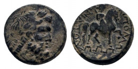 PHRYGIA. Hierapolis. Pseudo-autonomous (3rd century). Ae.

Obv:Bare head of Zeus Bozios right.
Rev: Male figure (Mên?) riding horse right, holding bip...