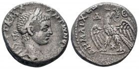 SYRIA.Seleucis and Pieria.Antioch. Elagabalus.218-222 AD.Billon Tetradrachm.AYT K M A ANTWNEINOC CEB; laureate head right, with slight drapery over fa...