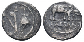 JULIUS CAESAR. Silver Denarius .(49-48 BC). Military mint traveling with Caesar. CAESAR in exergue, elephant advancing right, trampling horned serpent...