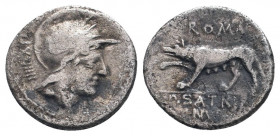 P. SATRIENUS. Denarius (77 BC). Rome.

Obv: Helmeted head of Mars right; uncertain control number to left.
Rev: ROMA / P SATRIENVS.
Lupa Romana left, ...