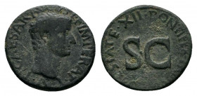 TIBERIUS as Caesar ( 10-12 AD). As. Rome. 

Obv: TI CAESAR AVGVST F IMPERAT V. 
Bare head right. 
Rev: PONTIFEX TRIBVN POTESTATE XII, large SC. 
RIC (...