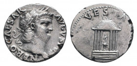 NERO (54-68). Denarius. Rome.

Obv: NERO CAESAR AVGVSTVS.
Laureate head right.
Rev: VESTA.
Hexastyle temple with domed roof, set upon podium of f...