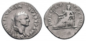 VESPASIAN.69- 79 AD.Rome mint.AR Denarius.IMP CAESAR VESPASIANVS AVG: Head of Vespasian, laureate, right / PON MAX TR P COS VI: Pax, naked to waist, s...
