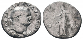 VESPASIAN (69-79). Denarius. Rome. IMP CAES VESP AVG P M COS IIII: Head of Vespasian, laureate, right / VESTA: Vesta, veiled, draped, standing left, h...