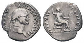 VESPASIAN.69- 79 AD.Rome mint.AR Denarius.IMP CAES VESP AVG CEN Laureate head right / PONTIF MAXIM Vespasianus seated right on a curule chair, with sc...