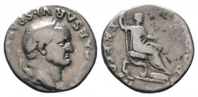 VESPASIAN.69- 79 AD.Rome mint.AR Denarius.IMP CAESAR VESPASIANVS AVG, laureate head right / PON MAX TR P COS V, Vespasian seated right on curule chair...